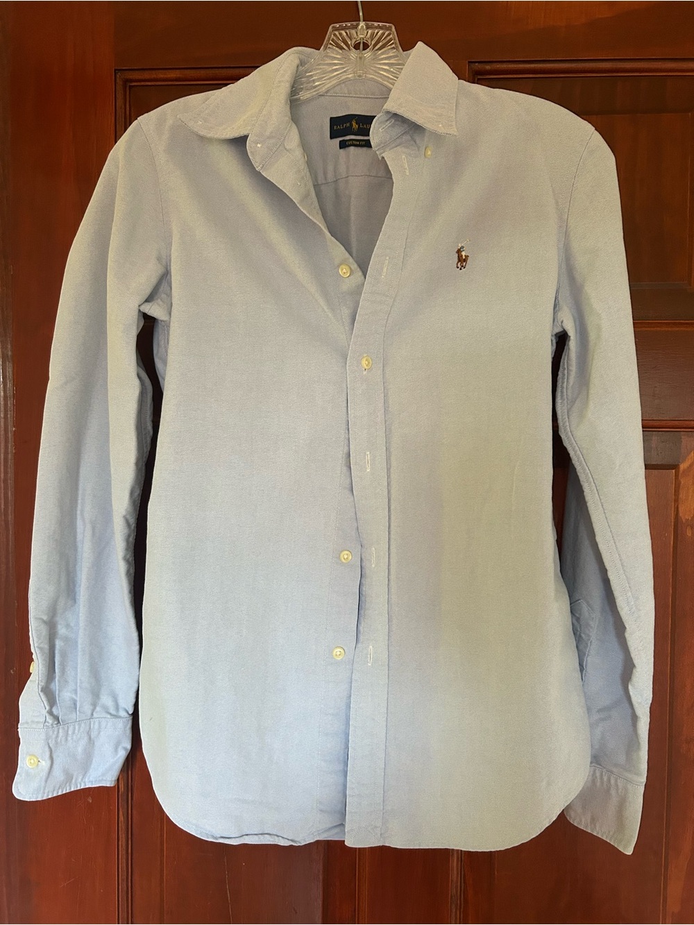Women’s custom fit polo by Ralph Lauren Pale Blue Oxford Button Down Shirt